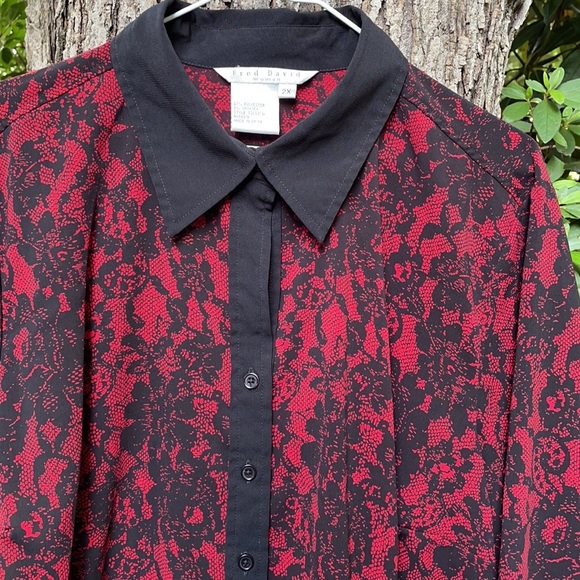 Fred David Woman Black Red Floral Lace Design Button Up Down SS Blouse Cuff 2X - Picture 6 of 13